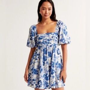 Abercrombie & Fitch Blue and White Floral Puff-Sleeve Mini Dress